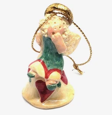 Blond Angel on Bell Clay Ornament Marked "FW" Hearts Gold Halo Handmade 2"