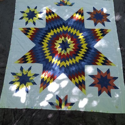 Handmade Patchwork Quilt Full 74x84 Lone Star Multicolor Cotton Bedspread