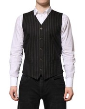 Dolce & Gabbana Black Stripes Wool Formal Men Waistcoat Men's Vest Authentic