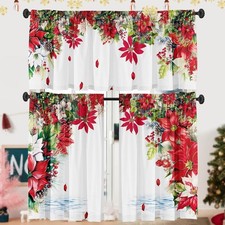 Christmas Poinsettia Curtain Valances 3 Piece Set Upper Curtain 52'' Lx18''