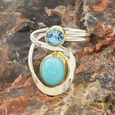 22k Yellow Gold & Sterling Silver Topaz & Amazonite Gemstone Bypass Ring Sz 6.75
