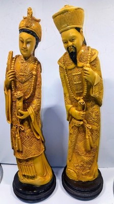 Set Of 2 Vintage Resin Ivorine Faux Bone Detailed Chinese Emperor & Empress