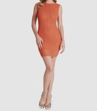 Guess Women's Orange Pointelle-Knit Crewneck Sleeveless Bodycon Dress Size L