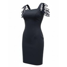 ASHWI PARIS | Black Beaded Fringe Cap Sleeve Sheath Dress LBD Evening Party | L