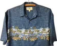 Vtg Island Shores Blue Hawaiian Shirt Mens Size M Rayon Beach Palm Tree Floral
