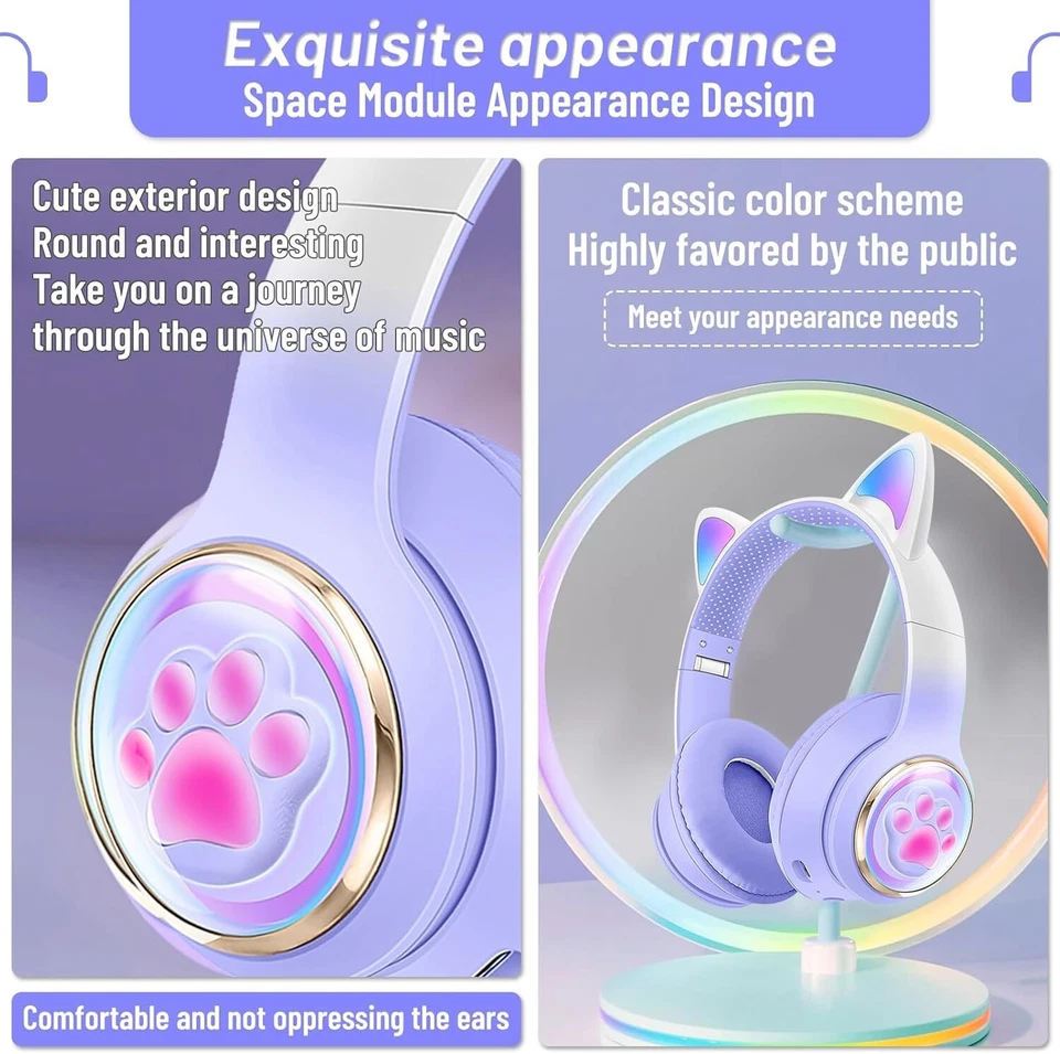 Rigwig Purple Cat Ear Headphones Kids Bluetooth Mic Foldable 25H Gift Girls - Image 3 of 4