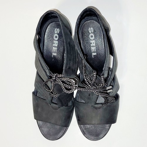 Sorel Joanie II Lace Up Black Leather Gladiator Platform Wedge Sandals Wms 12US - Picture 15 of 24