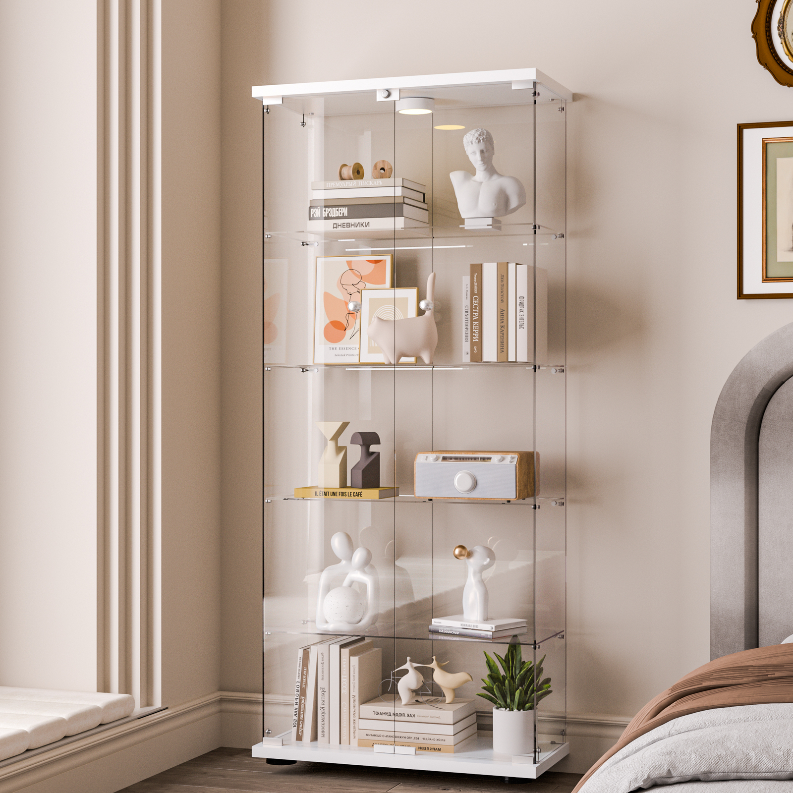 Glass Display Cabinet with LED Light 5-Shelf 2 Door 5mm Tempered Glass Bookshelf