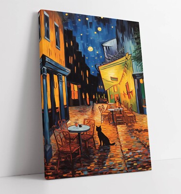 VAN GOGH CAFE TERRASSE BEI NACHTS MIT SCHWARZER KATZE - TIEF GERAHMTER LEINWANDBILD-WANDKUNSTDRUCK