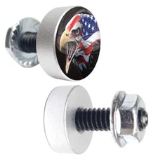 2 Silver Billet Aluminum License Plate Frame Fastener Bolts - USA BALD EAGLE