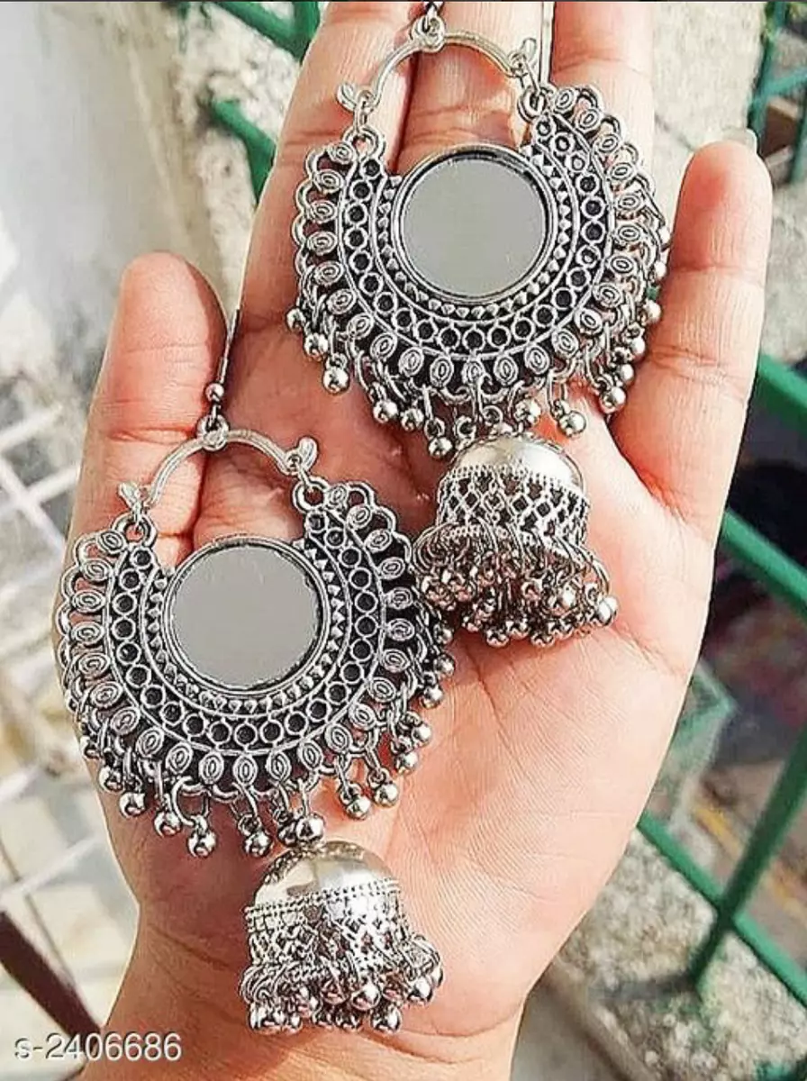 Jhumka Indian Earrings Oxidized Bollywood Jewelry Silver Women Pretty Set M 13