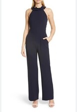 ELIZA J Navy Ruffle Halter Mock Neck Stretch Crepe Pant Jumpsuit Side Pockets 8