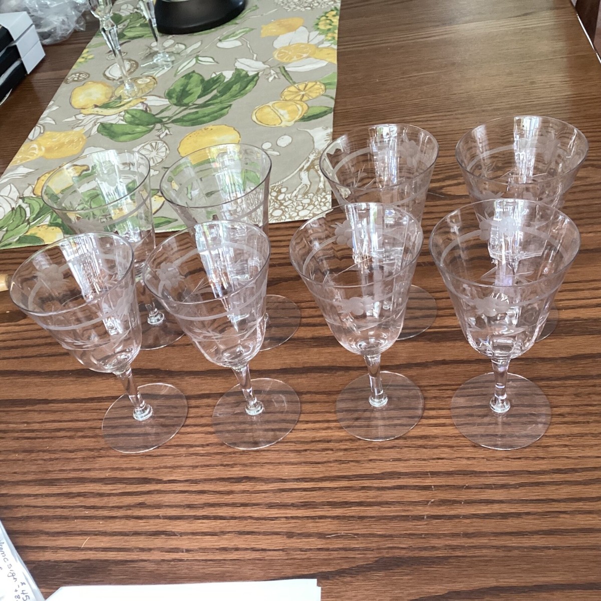 Vintage Etched Floral Crystal Wine Glasses 6.5” Tall Set of