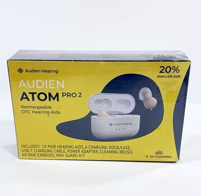 Audien Atom Pro 2 Rechargeable OTC Hearing Aids New Sealed UV Cleaning
