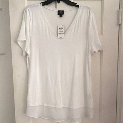 NWT-JM Collection Bright White V-Neck Short Sleeve T-Shirt Sheer Hem Large