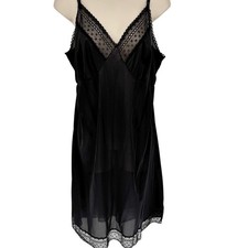 Vintage Black Nylon Lace Trim Full Slip Nightgown Lingerie 38 Made in USA