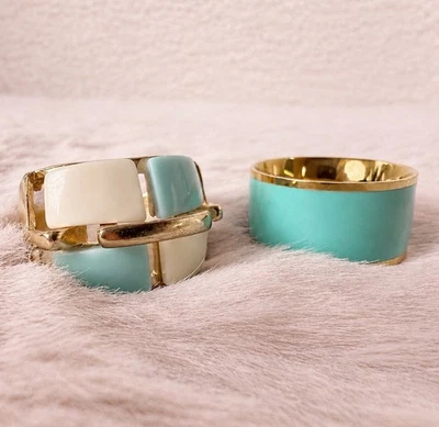 2er Set Damenringe Goldfarben Türkis Creme Statement Ringe Gr. 65 & 62,5 Neu - Bild 1 von 4