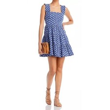 Aqua Womens Floral Tile Print Poplin Tiered Mini Dress in Blue Sz Medium