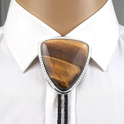 Natural Triangle Tiger-eye Stone Western Cowboy Mens Bolo Tie PU Rope Necktie