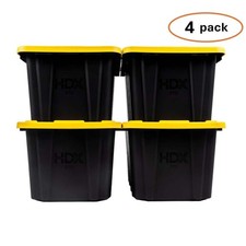 HDX 27 Gal. Tough Storage Tote in Black with Yellow Lid 4 Pack , New