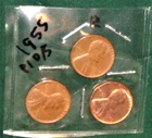 THREE 1955 CIRCULATED LINCOLN WHEAT-BACK PENNY - GRADES "ABOUT UNCIRCULATED"