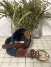 Vintage Braided Belt Size 34 Navy Blue Brown Leather Solid Brass MADE IN USA