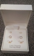 3×Sterling Silver Cubic Zirconia Stud Earrings