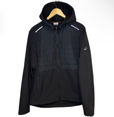 Asics Men's Puffer Jacket Size Large Black lightweight Full Zip Hooded