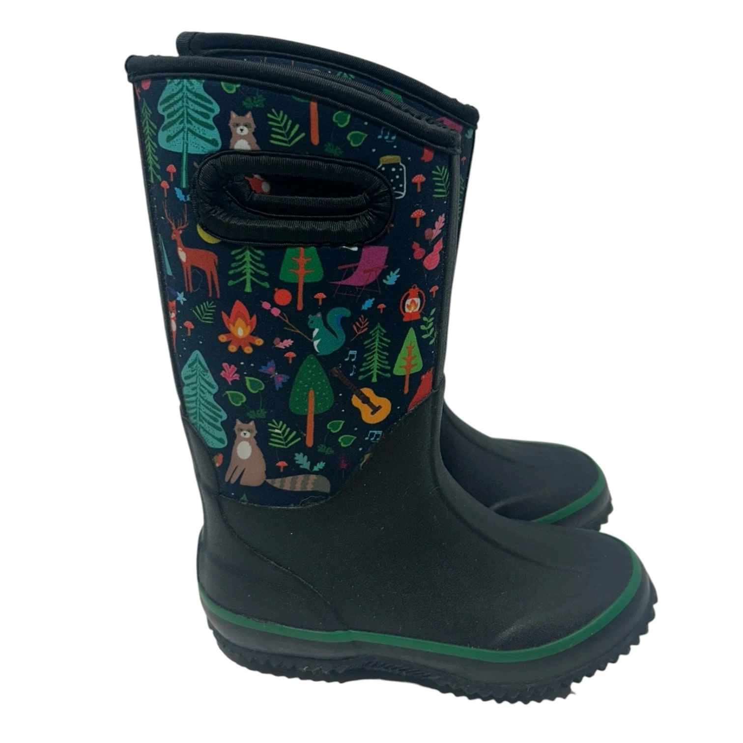 Lone Cone Mud Boots Muck Kids Size 12 Camp Black Green Tree Fox Raccoon Unisex