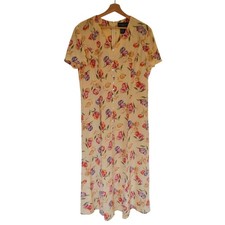 Vintage Silk Tulip Floral Print Midi Dress Butter Yellow Size X Large