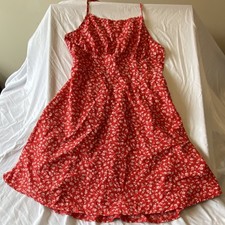 Women's Red White Floral A-Line Sundress Sleeveless Scoop Neck Knee Length M