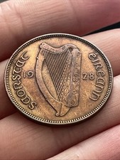 1928 Ireland Irish 1 One Penny Pingin Harp Rare Beautiful Actual Coin TB9866*