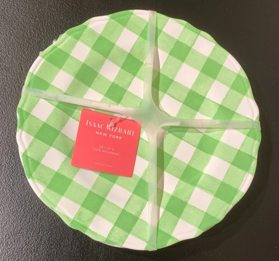 NWT ISAAC MIZRAHI NEW YORK Set OF 4 Melamine Salad Plates 9" Checked White/Green - Image 2 of 4