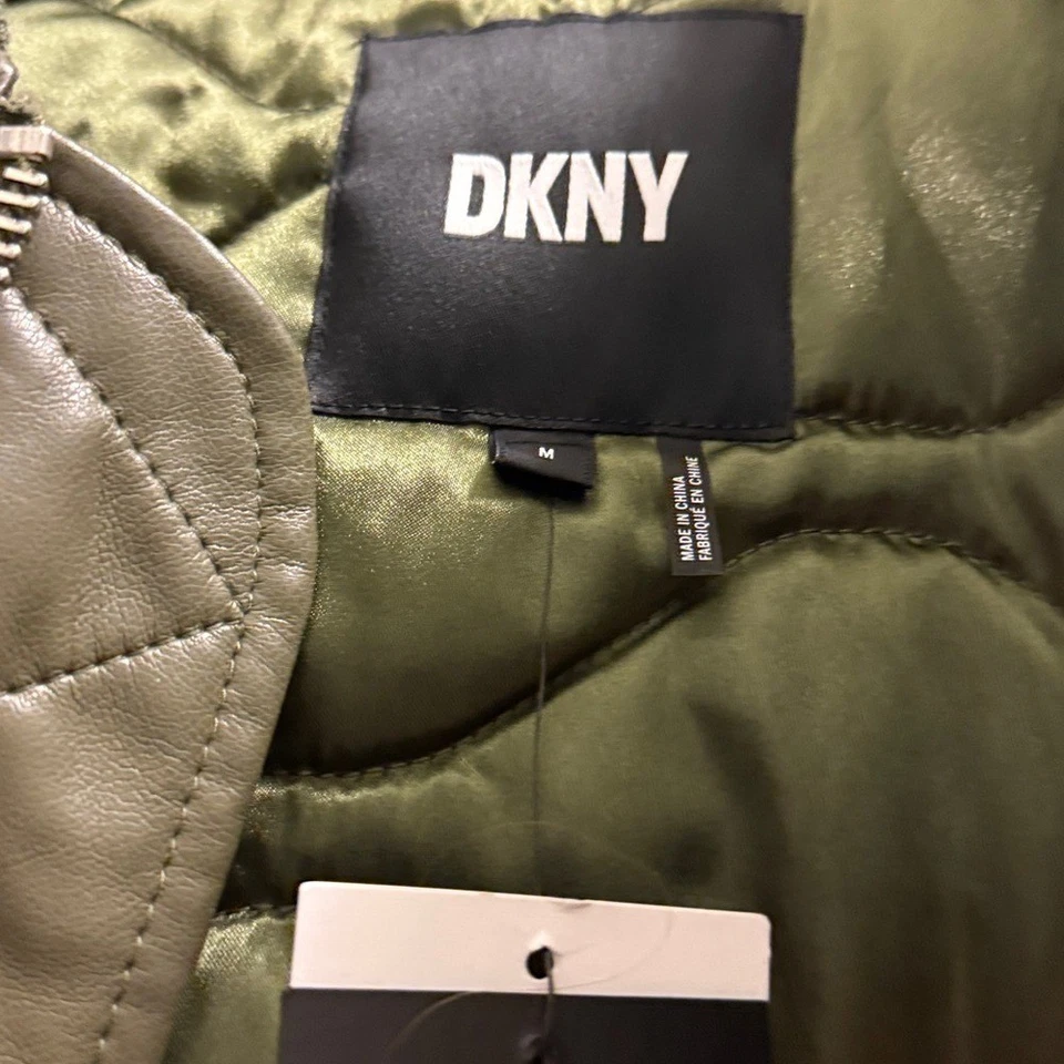 Chaqueta bomber de cuero de gran tamaño DKNY para mujer verde oliva talla S Foto 3 de 4