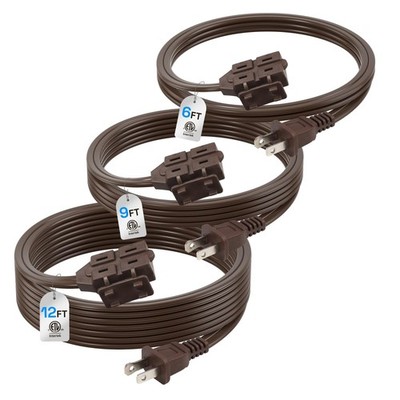BN-LINK Indoor Extension Cord 6/9/12FT, 2 Prong 6+9+12 FT, Brown 