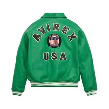 Mens Avirex Real Leather Green Bomber Jacket American Pilot Flight Jacket