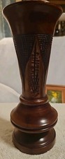 10 Inch Hand Turned And Carved Wood Vase.