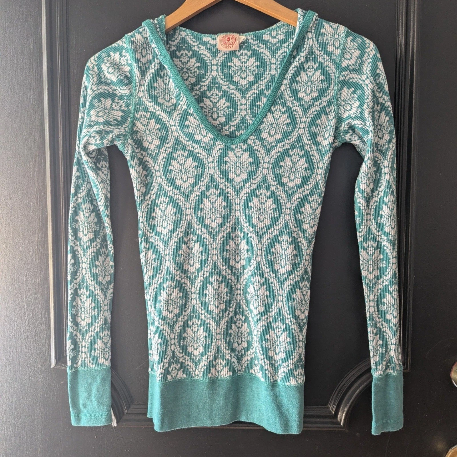 VTG Y2K Curious Gypsy Teal White Geo Print Thermal Hoodie Long Sleeve Top Sz S