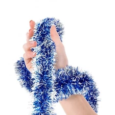 Christmas Blue Frost Tip Tinsel Garland Gold White Edge Metallic Streamers 18 ft
