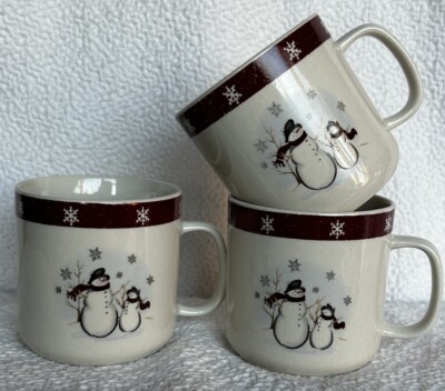Royal Seasons Stoneware Christmas 3 Coffee Cups Snowmen Bright Red Border EUC