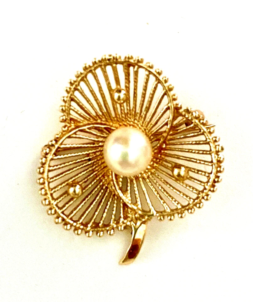 Broche prendedor filigrana grande oro 14k 1,3” alto perla 5,9 g elegante hoja de trébol Estate
