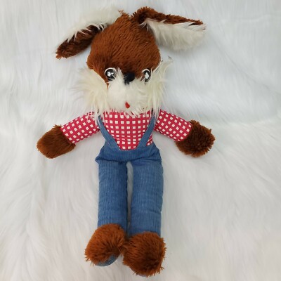 Vintage Brown White Bunny Rabbit in Overalls Plush 18'' Stuffed Toy B226