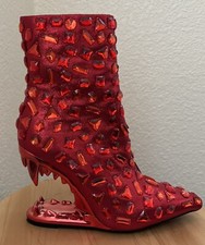 Shiny Red High Heel Rhinestone Ankle Boots With Stunning Animal Teeth Heel - FUN