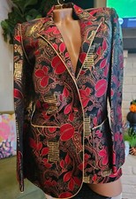 Vtg Charlotte Ford Asian Print Black Gold Floral Embroidered Blazer Women 8 Euc