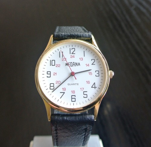 VINTAGE MEDANA 24 HOUR MILITARY DIAL SWISS QUARTZ MEN'S GOLD LEATHER DRESS WATCH - Picture 2 of 11