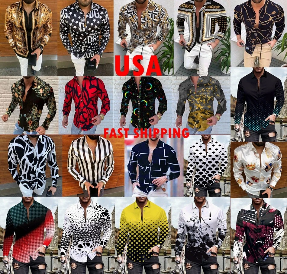 Button Up Shirts Men Baroque Fashion Casual Party Long Sleeve Fancy Dress  Soft T