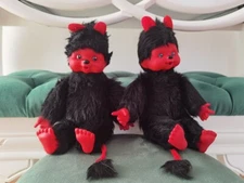 Two Vintage Monchhichi Red Devil Doll Thumb Sucking East German Plush Toy c.1970