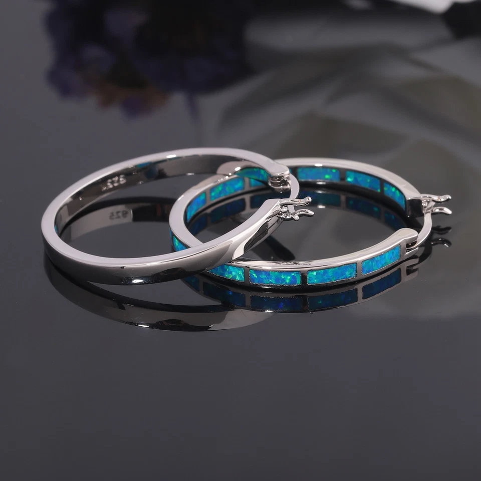 Blue Fire Opal Hoop 925 Silver Earrings Gemstone Women Jewelry - Image 4 of 4