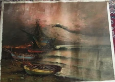 Modernist  Canoe by the Beach Signed  Large Oil Artist Mystery  20th Century