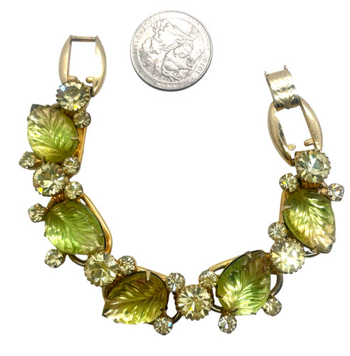 Verified Juliana D&E Green Translucent Leaf & Rhinestone Link Bracelet